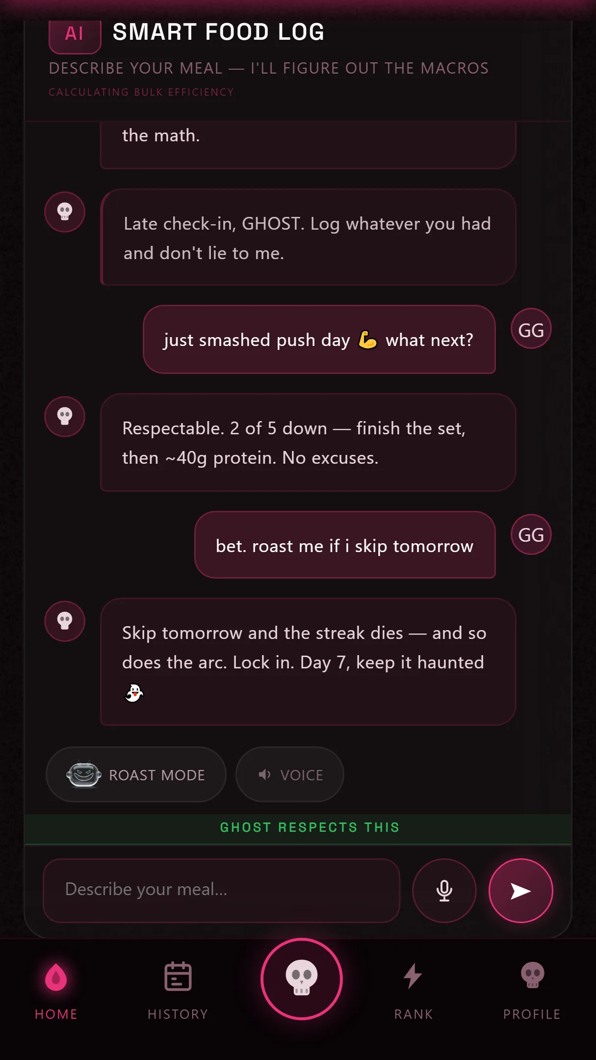 Ghost AI coach replying in roast mode — a real conversation from inside the app