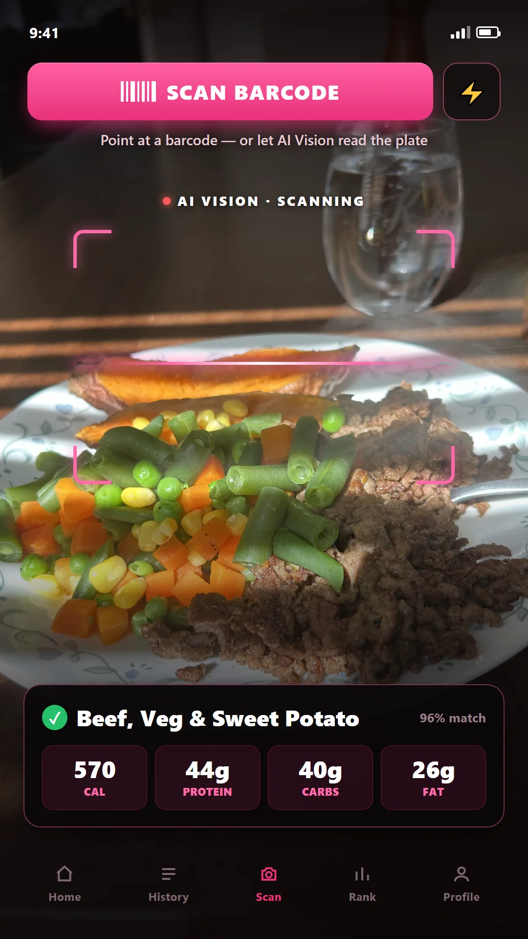 Food scan screen — point at a meal or barcode and AI Vision logs the calories and macros