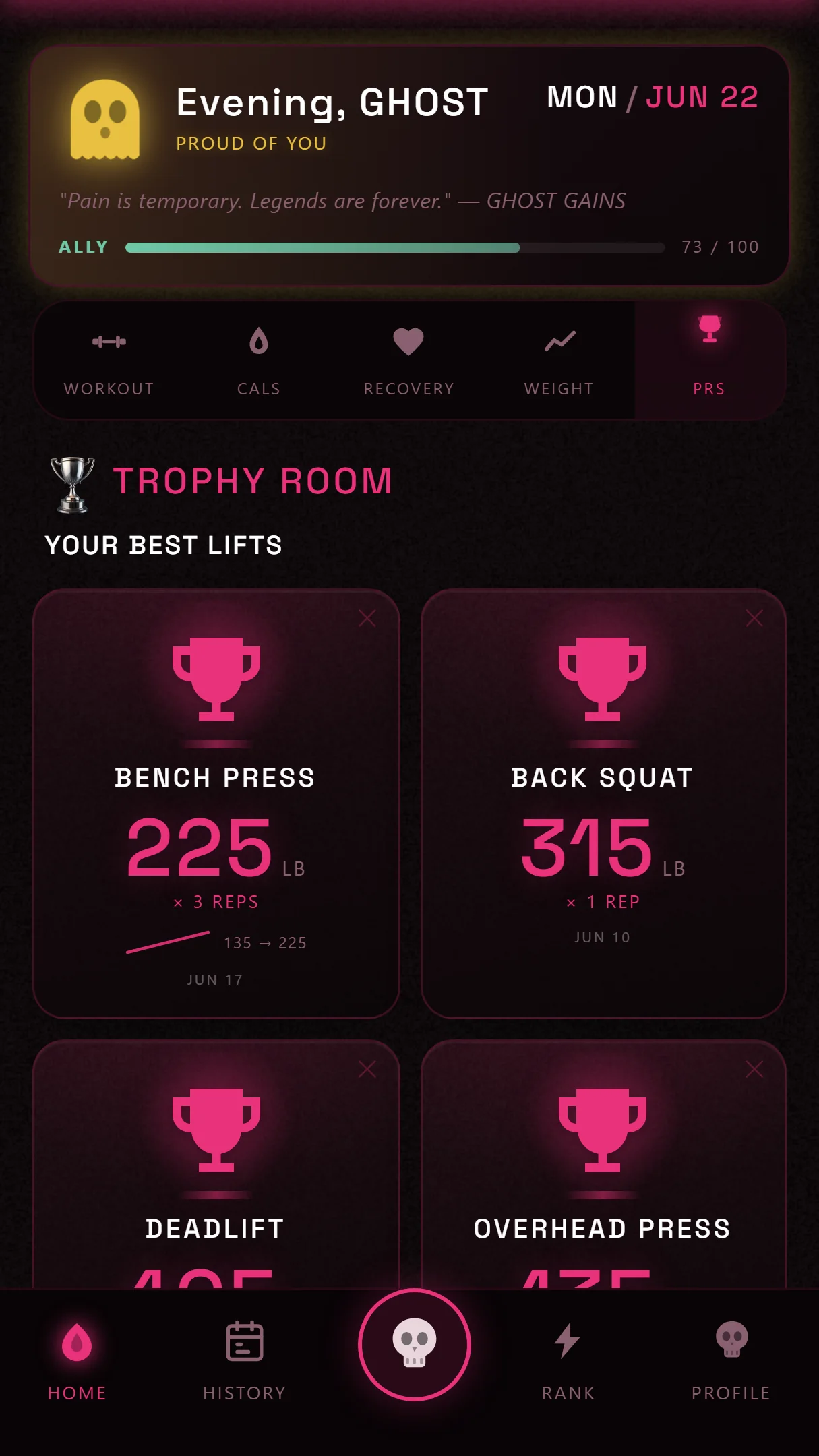 Progress screen — the PR wall with your best lifts on bench, squat, deadlift and press