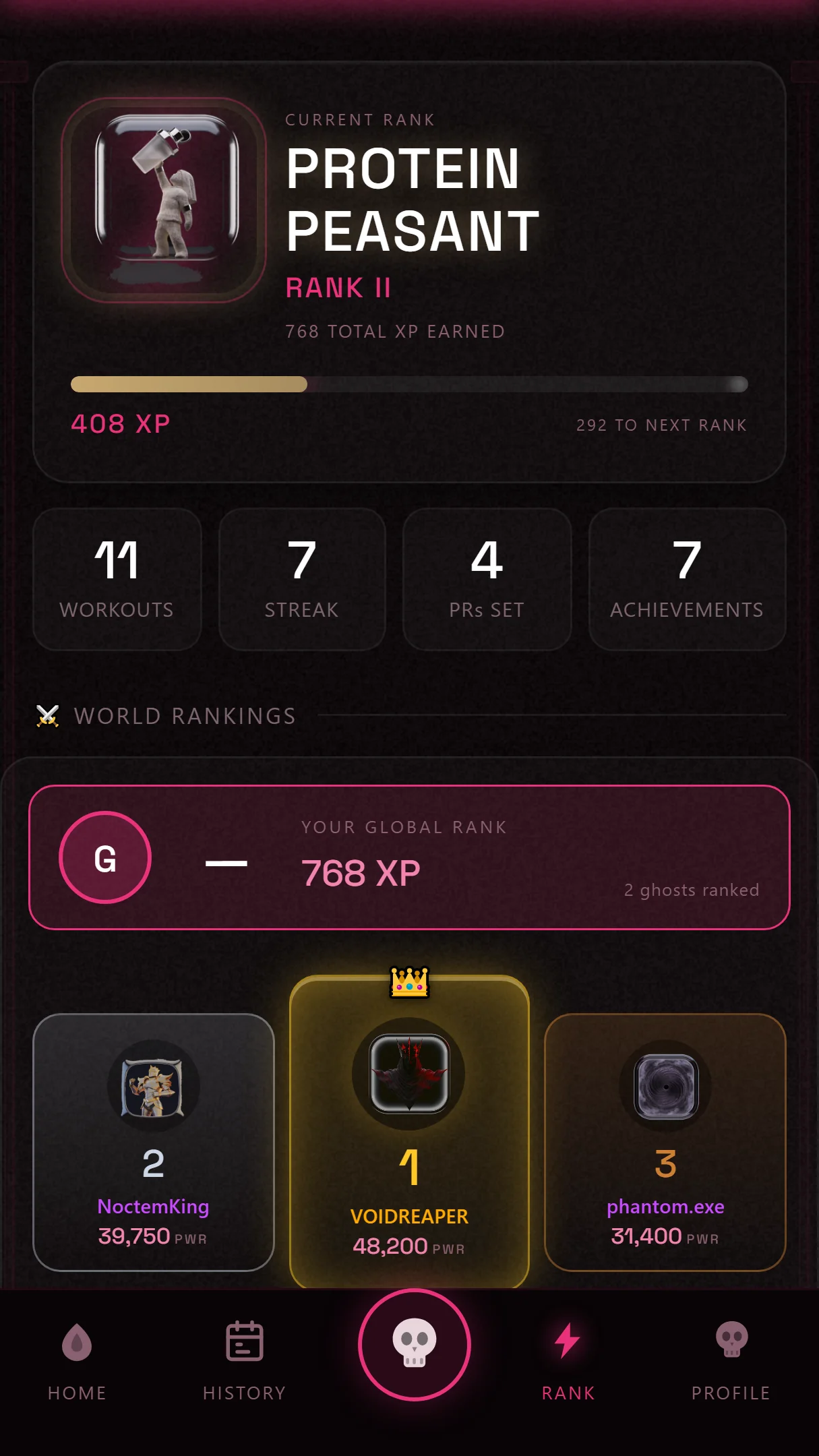 Rank screen — Protein Peasant rank, XP, and the world rankings leaderboard