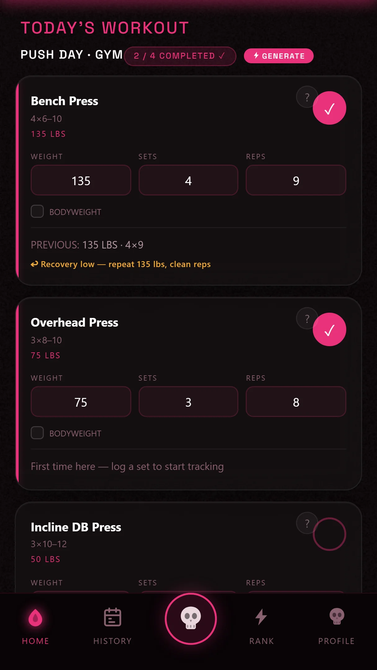 Today's auto-built Push Day workout with recovery-aware weight recommendations